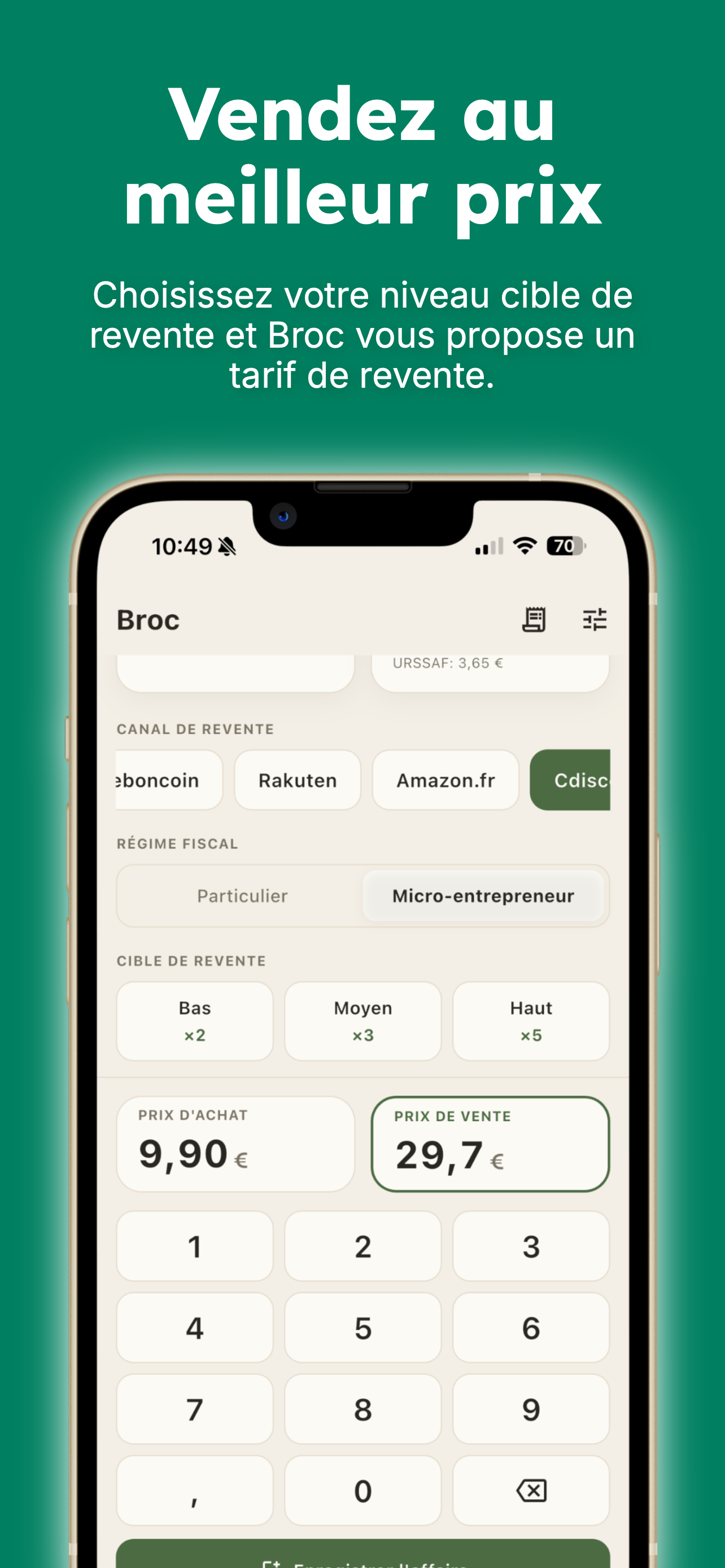 Canaux Leboncoin, Rakuten, Amazon.fr, Cdiscount et cible de revente Bas, Moyen, Haut.