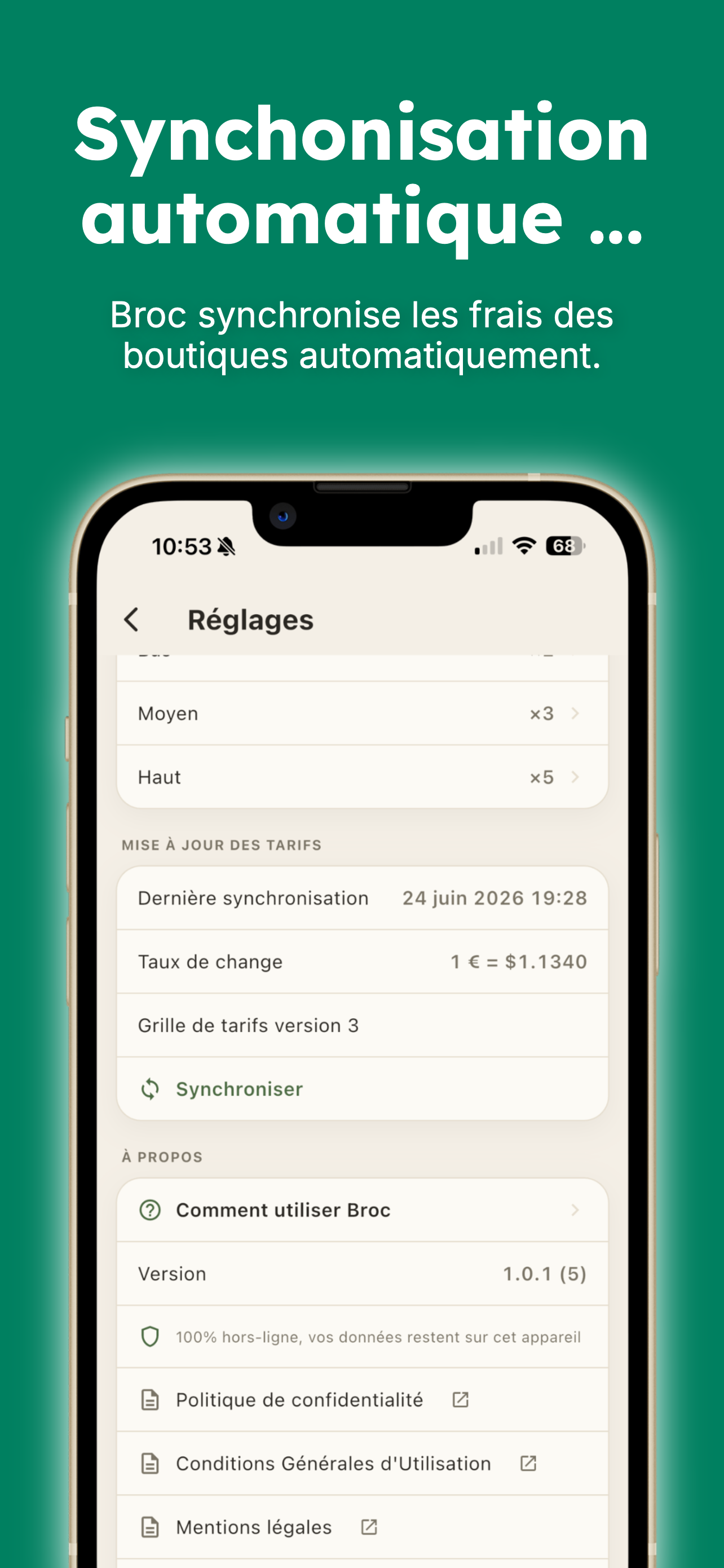 Réglages : synchronisation automatique, taux de change et liens légaux.