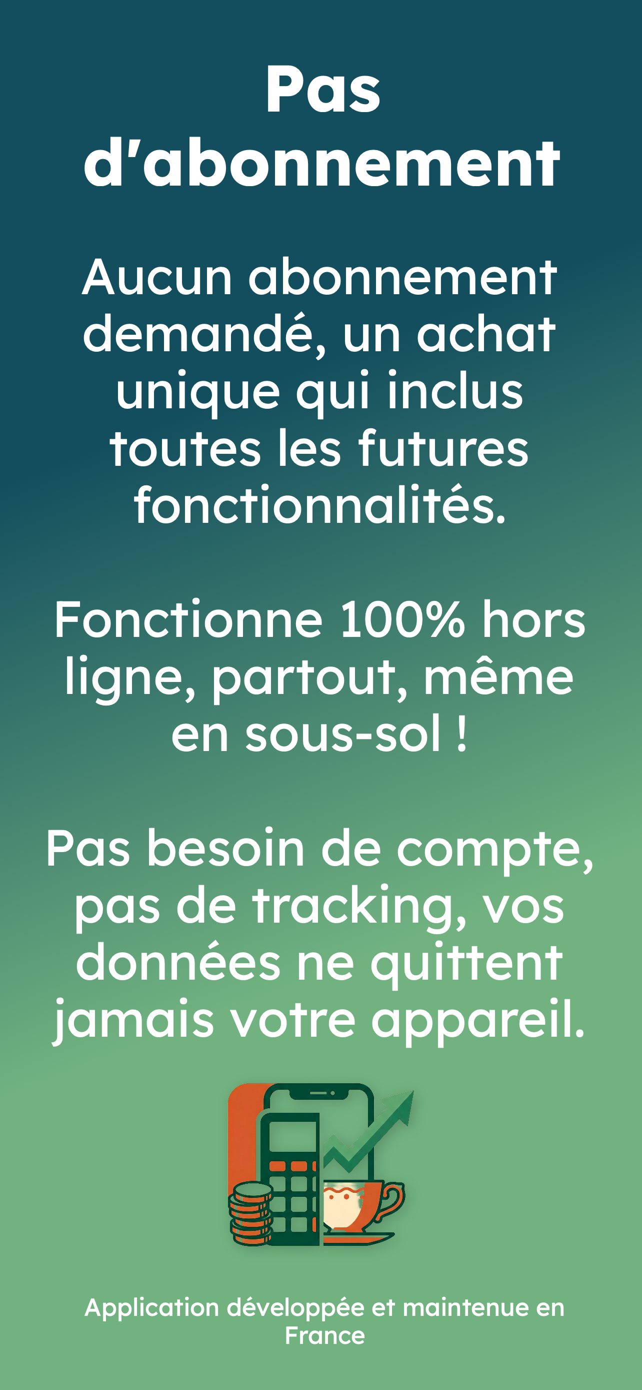 Sans abonnement : achat unique, Utilisable hors-ligne à 100%, sans compte ni traçage, conçu en France.